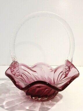 Vintage Handblown Cranberry Pink Glass Basket with Twisted Clear Handle